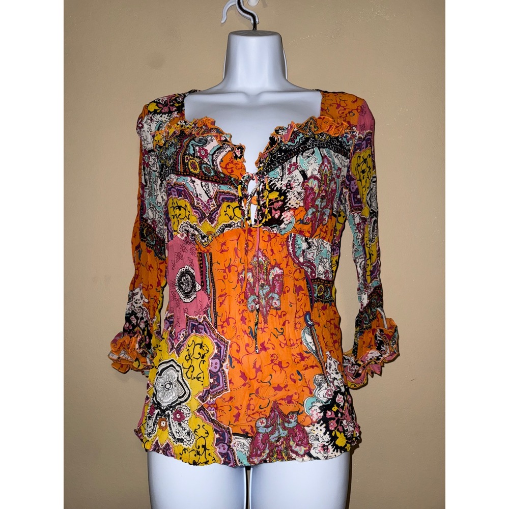 Orange Paisley Patchwork Ruffle Bell Sleeve Blouse S Peasant Artsy Boho Festival